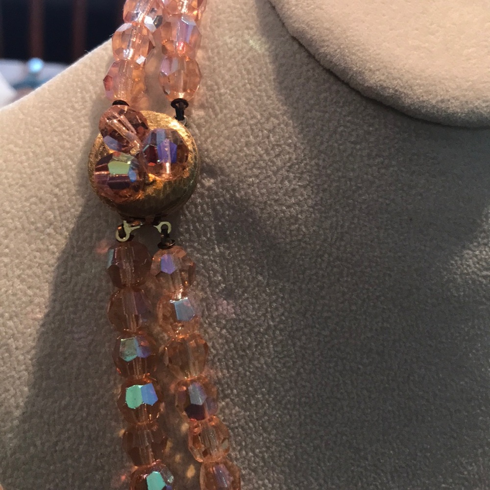 Vintage pink crystal double strand necklace set - Picture 2 of 5